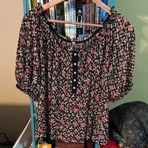 Free People Astra Black and Pink Floral Peasant top
